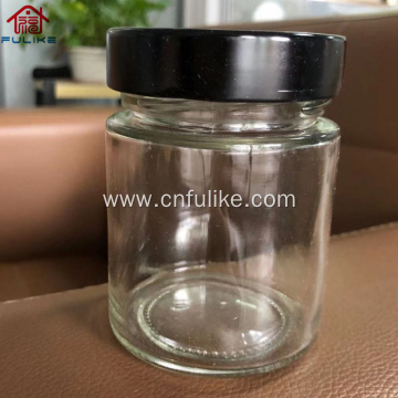 amber glass straight-sided round jar with black metal lid200ml